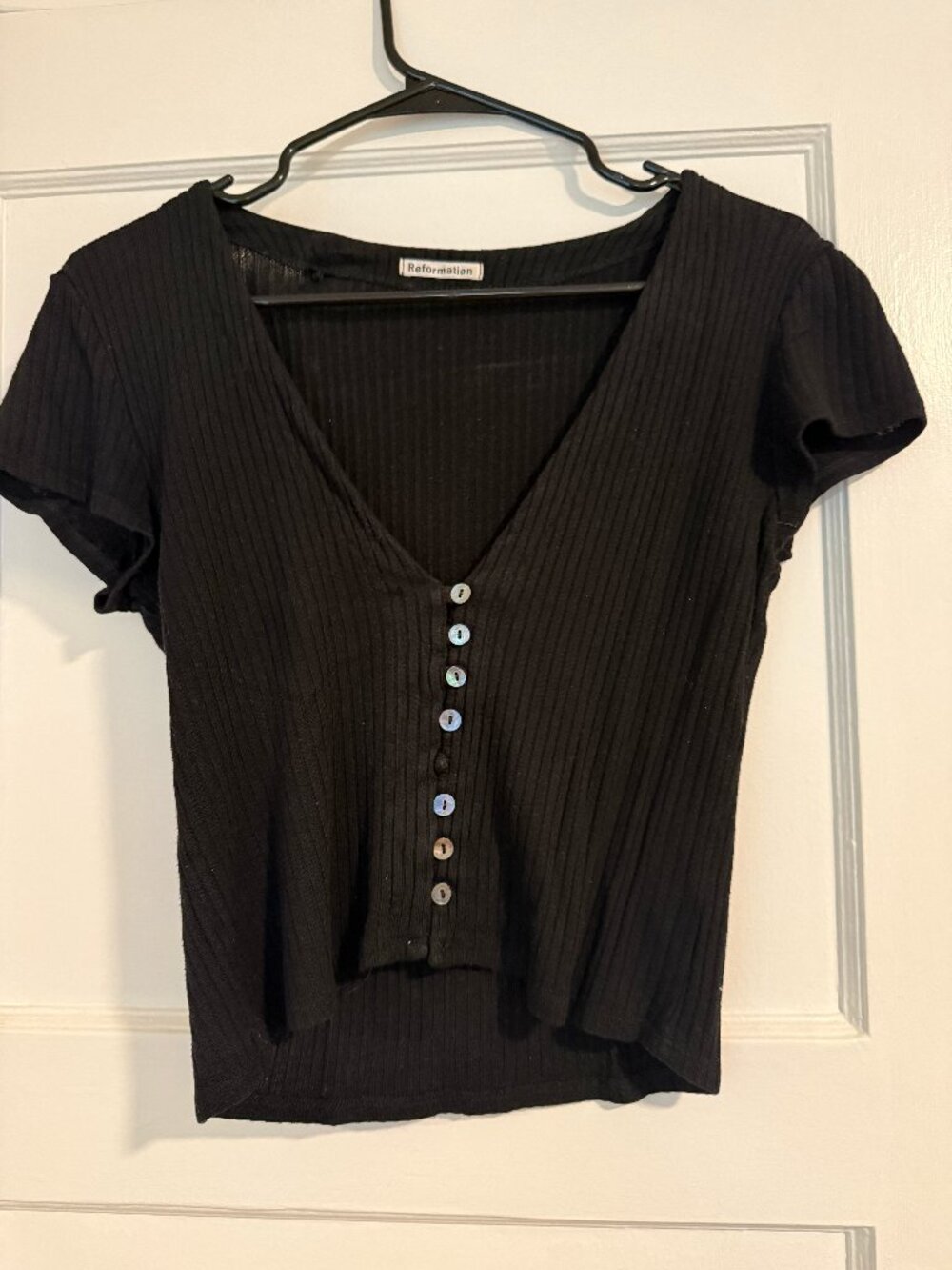 Reformation Black Ribbed V-Neck Button-Front Top